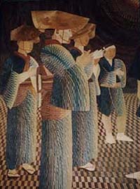 三人の女性と男性一人が拍手しています。おそらく仲間の踊りに対しての拍手でしょう。