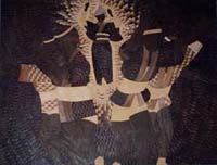 4人の男性が躍っている後方の中央に女性が踊りながら舞い降りています。女性はオーラを放っているように光り輝いています。