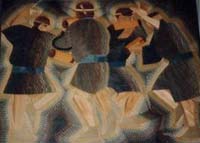 横長の構図に4人の男性が躍っています。着物は黒っぽい木を多く使い、顔や手足には白っぽい木を多く使っています。