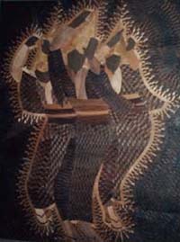 三人の女性が腰をくねらせながら阿波踊りを躍っています。着物の市松模様は色の濃い木と薄い木を交互に貼り合わせて表現しています。