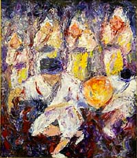 前景にダイナミックに足を交差させた男踊り、後方にはしなやかにやさしく踊る女踊りが続き、絵の中から飛び出てきそうな勢いです。