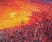 真っ赤な夕焼けの土手を人が歩いている。前景には真っ赤な曼珠沙華が一面に咲いている。